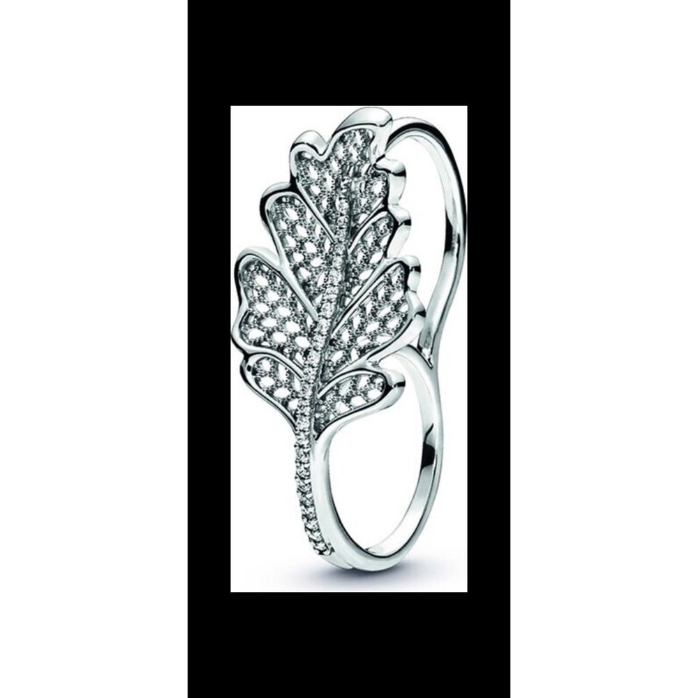 Pandora Moments Silver Cz Double Finger Oak Leaf Ring
